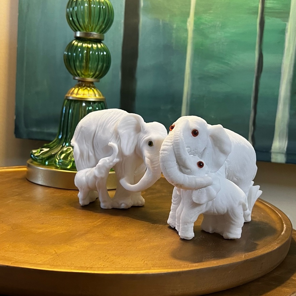 Vintage White Elephant Figurine Pair Porcelain Decor - Trunk Up Good Luck Statue